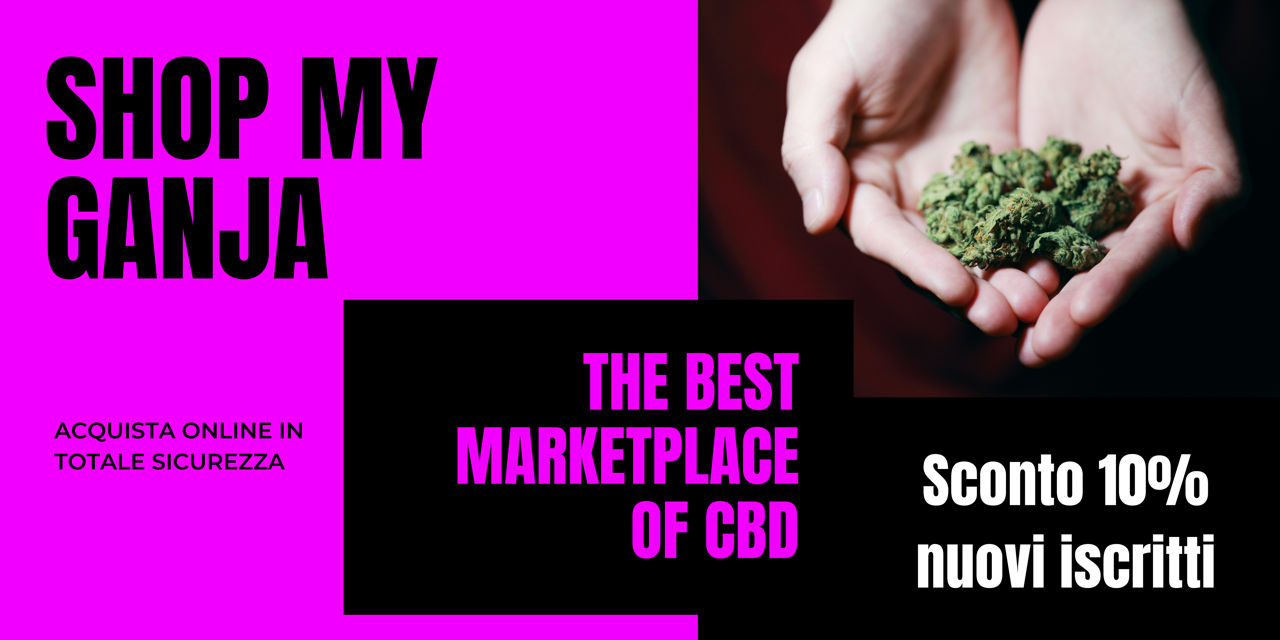 Shop My Ganja, marketplace CBD con grafica magenta e nera